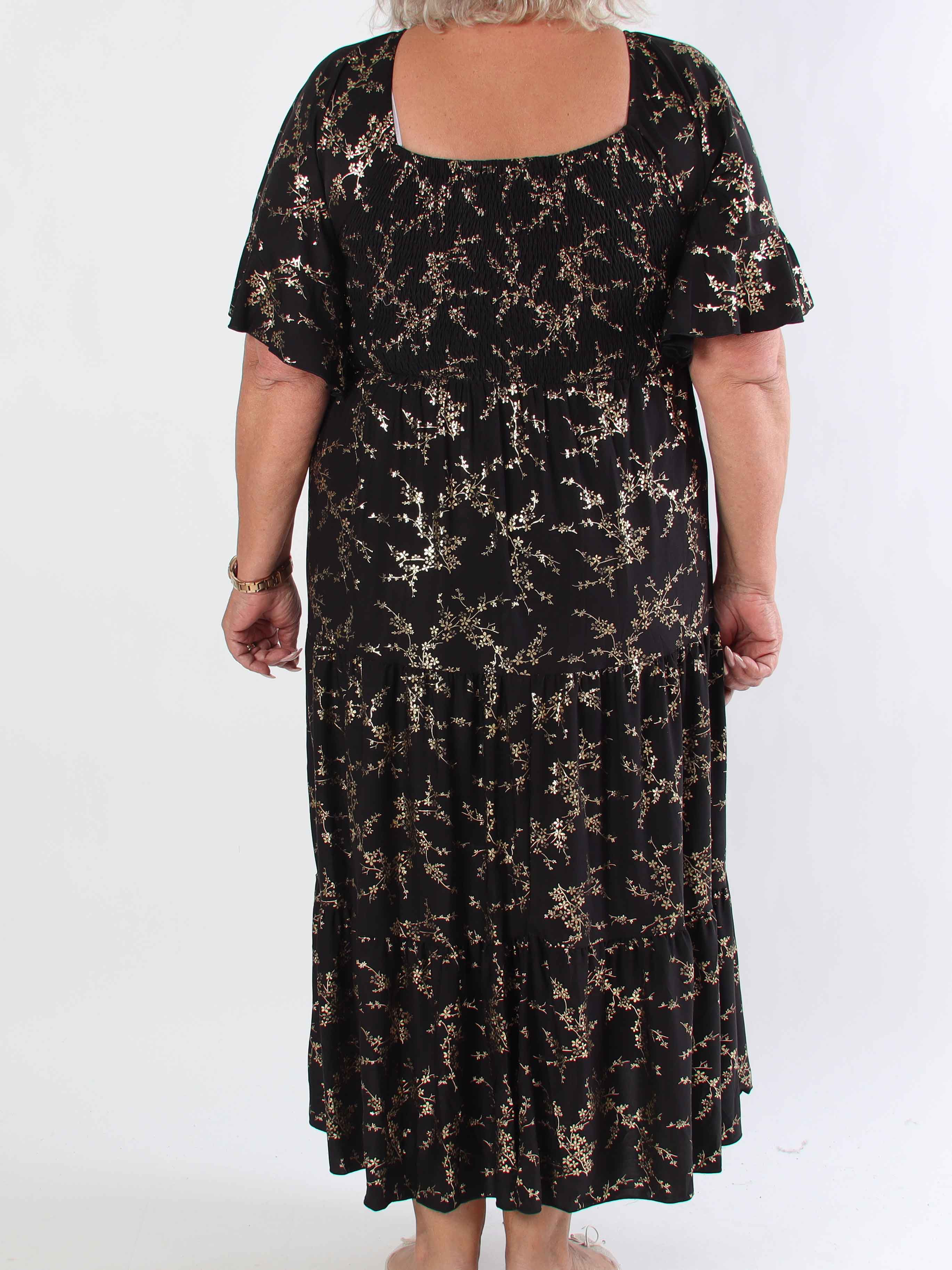 Elna Gold - Ensfarvet plus size kjole med smock og guld print